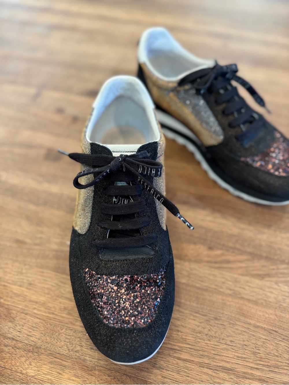 Peserico Black Suede Sneakers with Rose Gold Glitter and Gold Panels